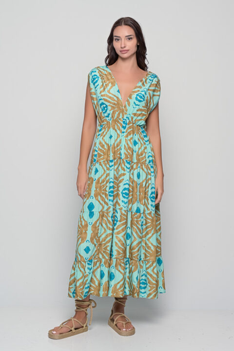 Ocean Dress in turquoise seaweed print saree silk with golden details and tiered hem