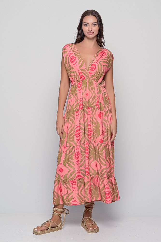 Ocean Dress in coral seaweed print saree silk with golden details and tiered hem