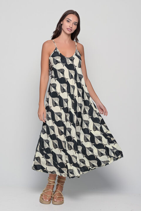 Lina Dress – Tree Black Print | Saree Silk | One Size | Midi