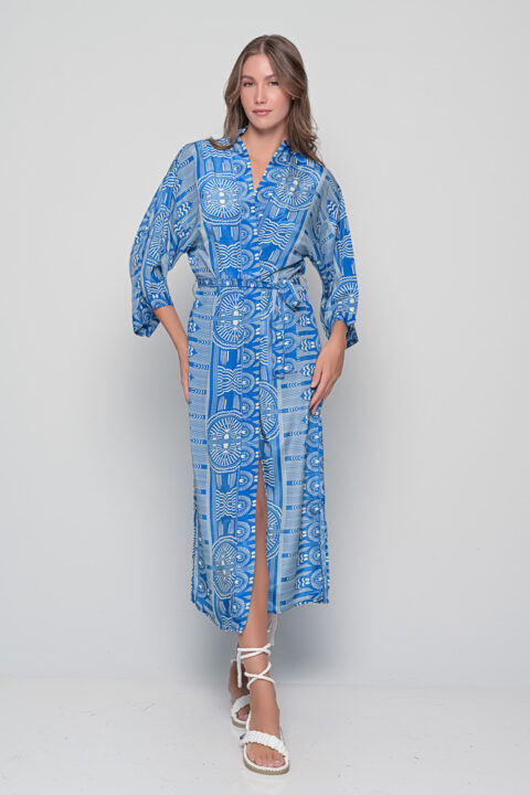 Iris long kimono in blue Sueno print with matching belt