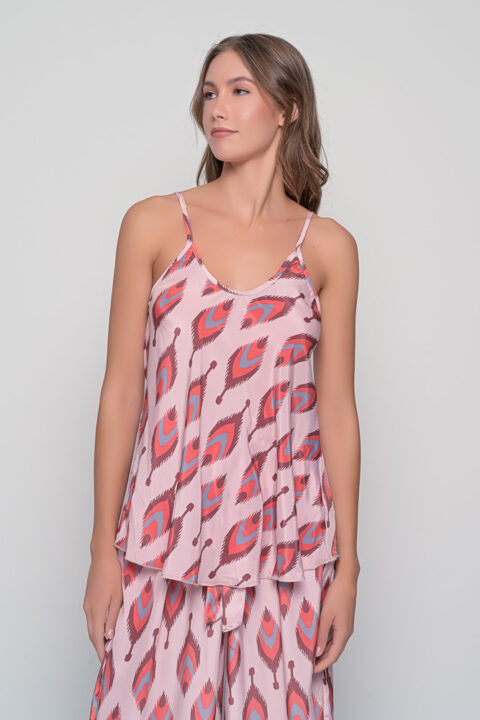 Spaghetti top in flame print saree silk with adjustable straps