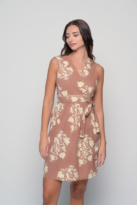 Syros short cotton dress in beige Palladio print with waist tie