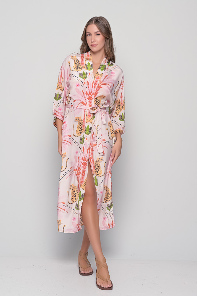 Tiger print long silk kimono with belt and wide sleeves