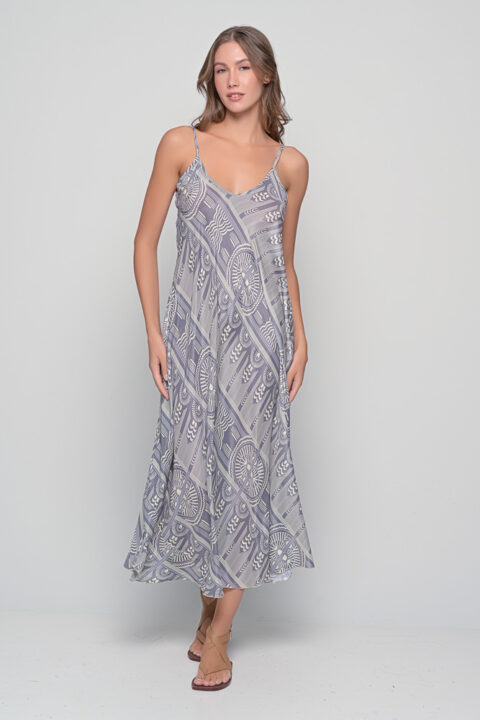 Lina Dress in Sueno Grey saree silk with spaghetti straps