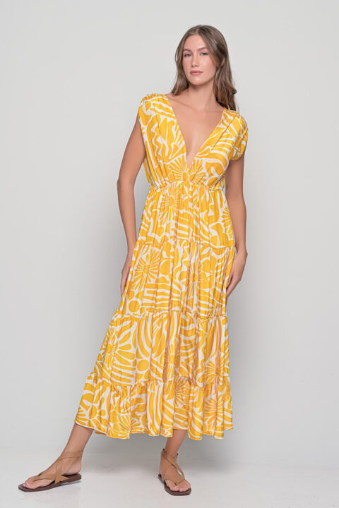 Ocean Dress – Margaret Yellow Print | Saree Silk | One Size