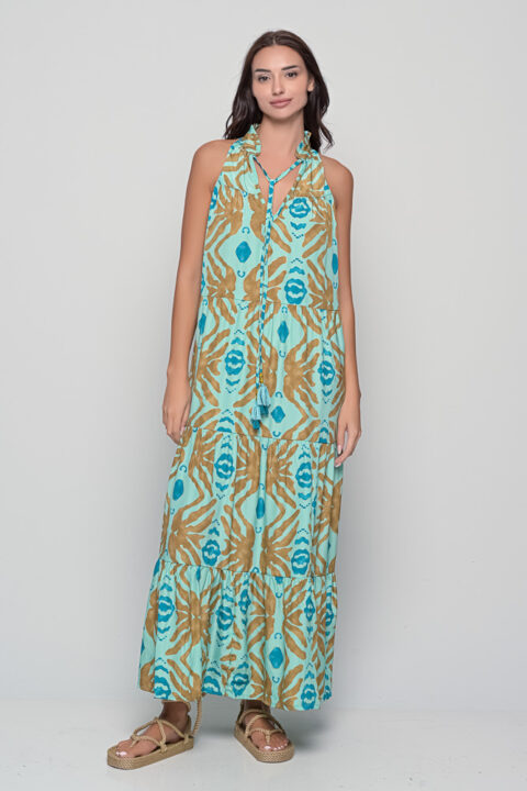 Samos Dress – Seaweed Turquoise Print with Golden Details