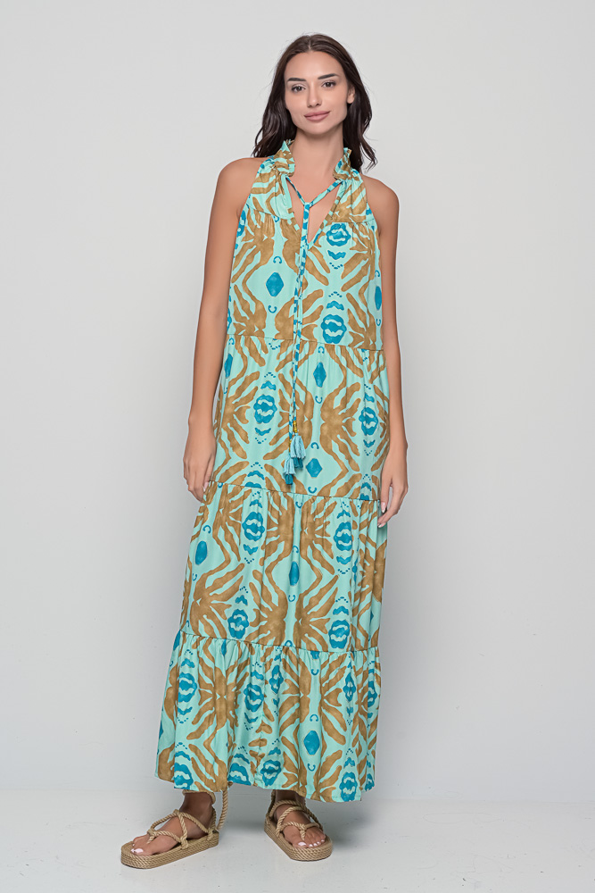 Samos Dress – Seaweed Turquoise Print with Golden Details