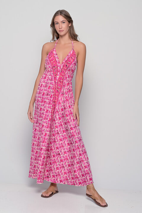 Open back dress in fuchsia Tuareg print saree silk with halter neckline