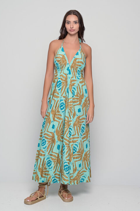 Open Back Dress – Seaweed Print Turquoise (Free Size)