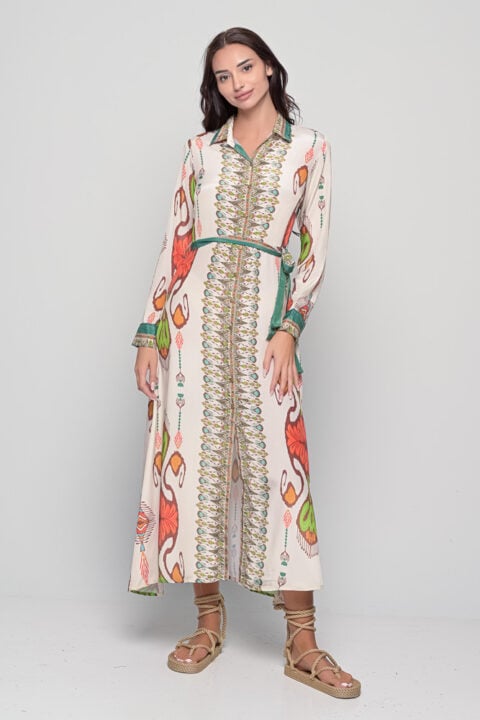 Saree silk shirt dress in Ojos print with waist tie and button-down front