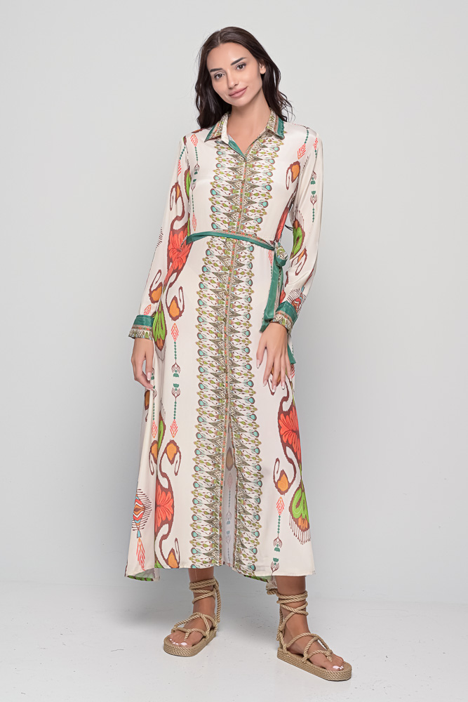 Saree silk shirt dress in Ojos print with waist tie and button-down front