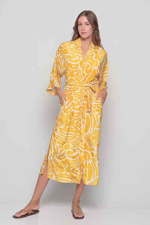 Saree silk kimono in Margaret Yellow print with belt tie and wide sleeves