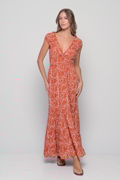 Cotton maxi dress in Canela print with elastic waist and cap sleeves