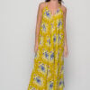 Cotton open back dress in mustard Ikat print with halter neckline
