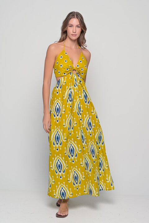 Cotton halter maxi dress in mustard Ikat print with smocked back