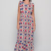 Cotton Juno Dress in blue floral block print with sleeveless design
