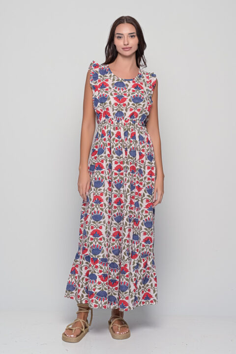 Cotton Juno Dress in blue floral block print with sleeveless design