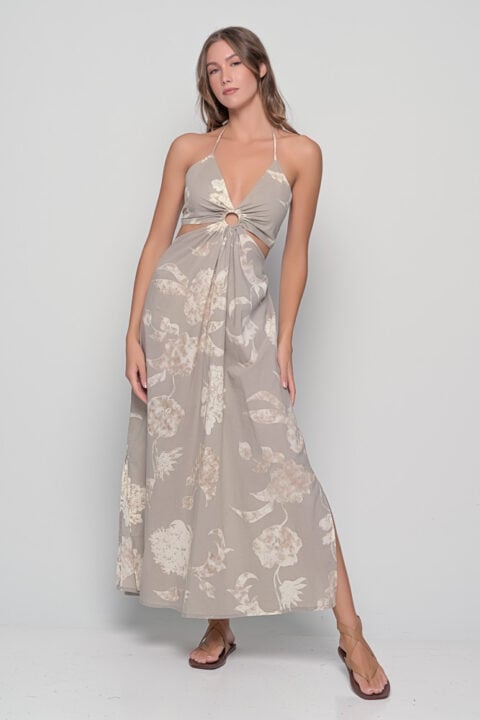 Cotton Ibiza Dress in retro grey floral print with halter neckline and front knot