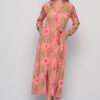 Saree silk shirt dress in coral seaweed print with waist tie and long sleeves