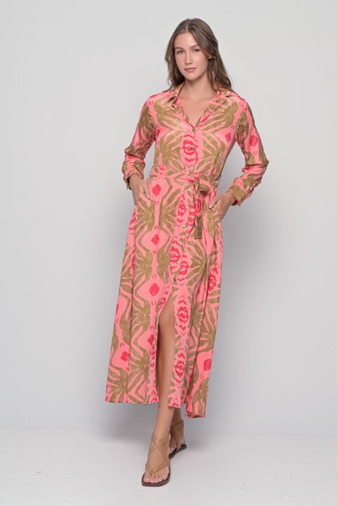 Saree silk shirt dress in coral seaweed print with waist tie and long sleeves