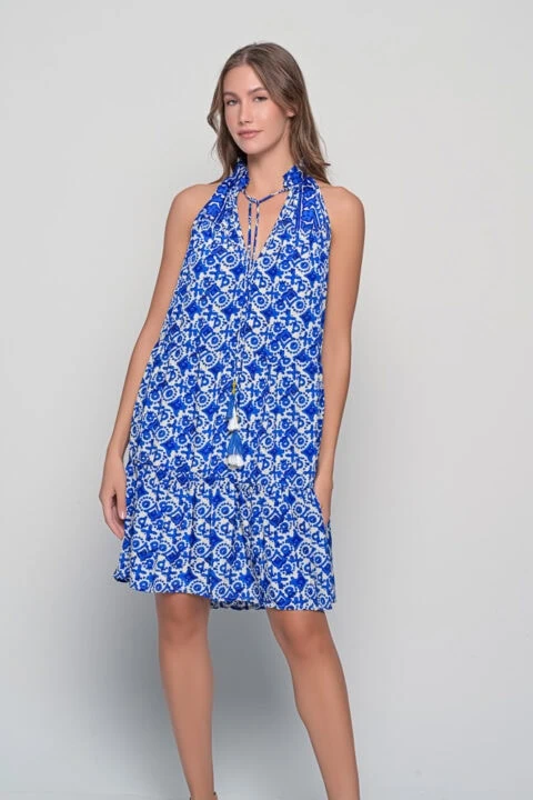 Samos short dress in Tuareg blue print with halter neckline