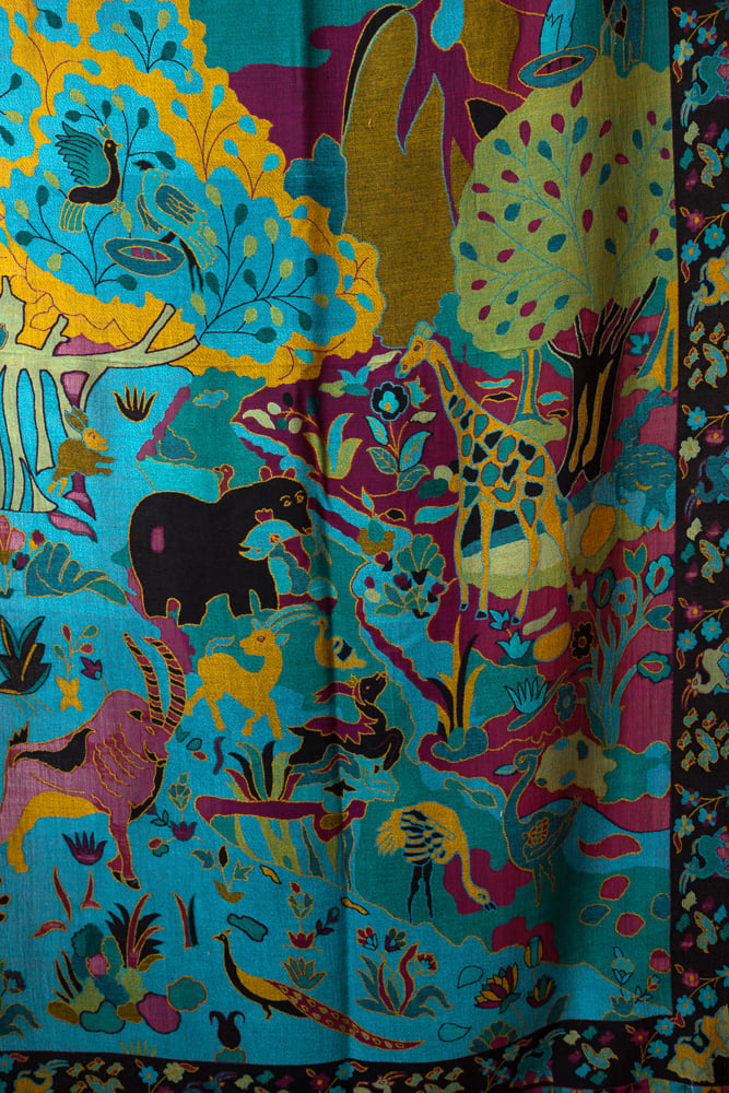 art print wool shawl turquoise fuchsia 90x220 India,