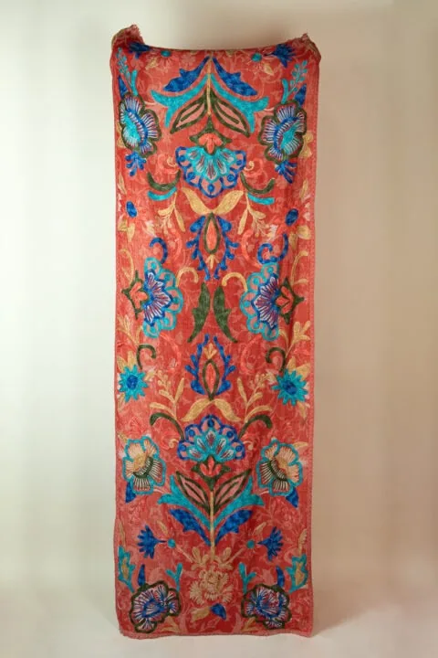 pure wool shawl pink with turquoise and blue embroidery 70x200 india