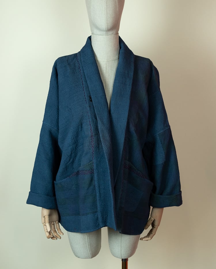 Upcycled Solid Indigo Kantha Kimono | One Size with Pockets – Handmade in Jaipur