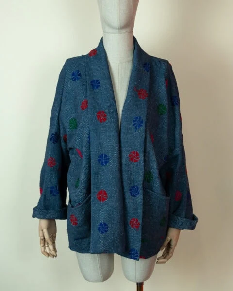 upcycled kantha kimono with hand embroidery blue one size pockets handmade in jaipur