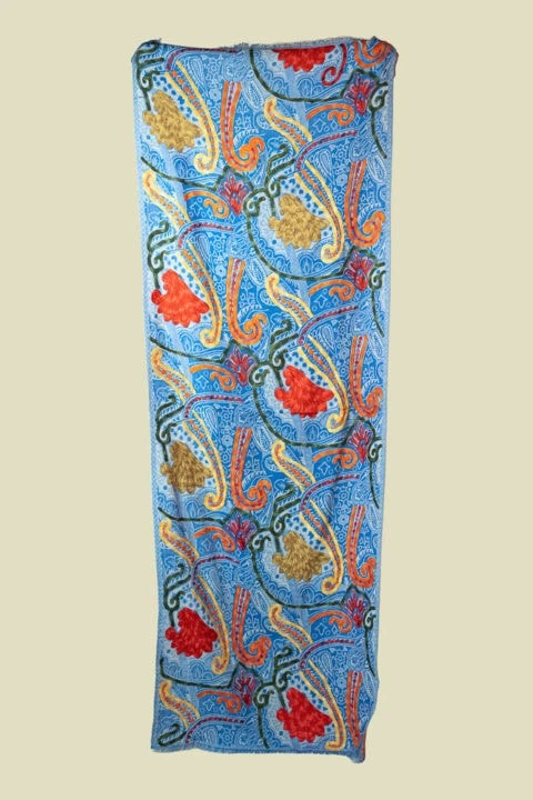 pure wool shawl light blue with paisley machine embroidery 70x180 india