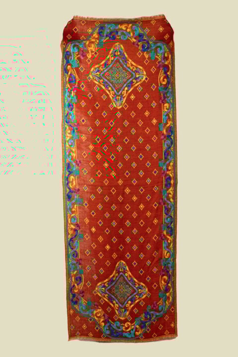 pure wool shawl brick red with blue and gold embroidery 70x180 india