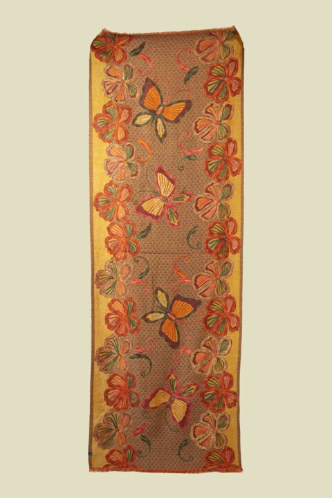 pure wool shawl multicolor butterfly and floral embroidery beige mustard 70x180 india