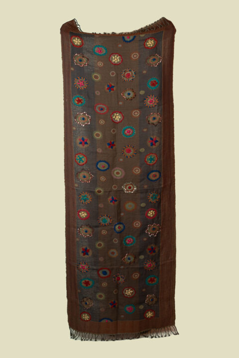 brown embroidered wool shawl handmade India