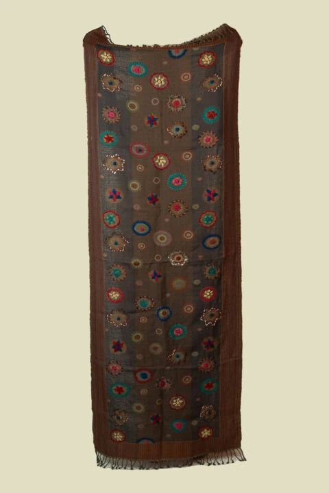 brown embroidered wool shawl handmade India