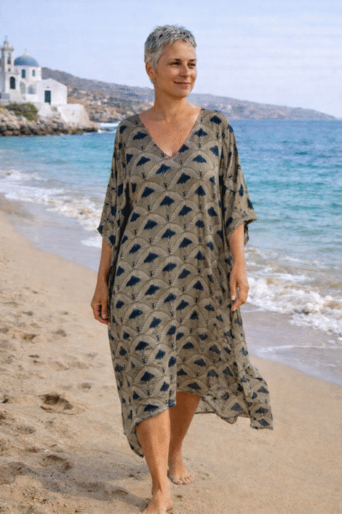 Modal caftan handmade block print beach front view