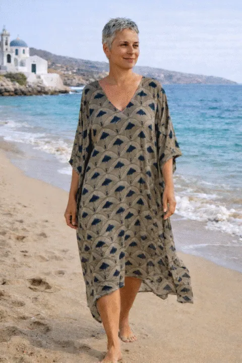 Modal caftan handmade block print beach front view
