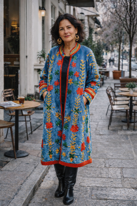 Long velvet kimono one size front view