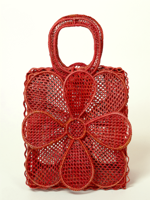 Red iraca flower bag handwoven front view