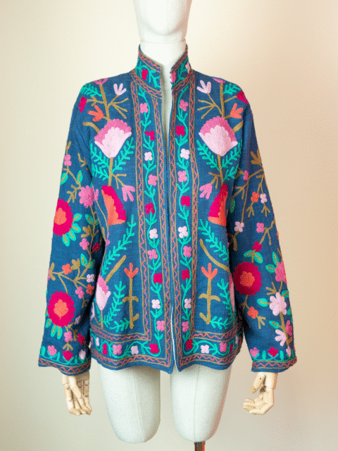 Cotton TNT kimono jacket with Suzani embroidery
