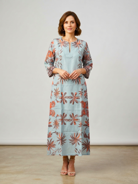 Titli Caftan Cotton Silk | Nature Blue Print | One Size