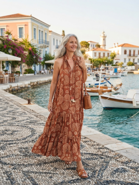 Samos Long Cotton Silk Dress – Ray Cinnamon Print
