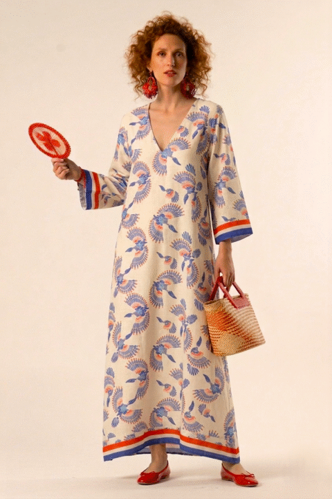 Morocco Caftan Fly Blue Print – Cotton Silk, Free Size