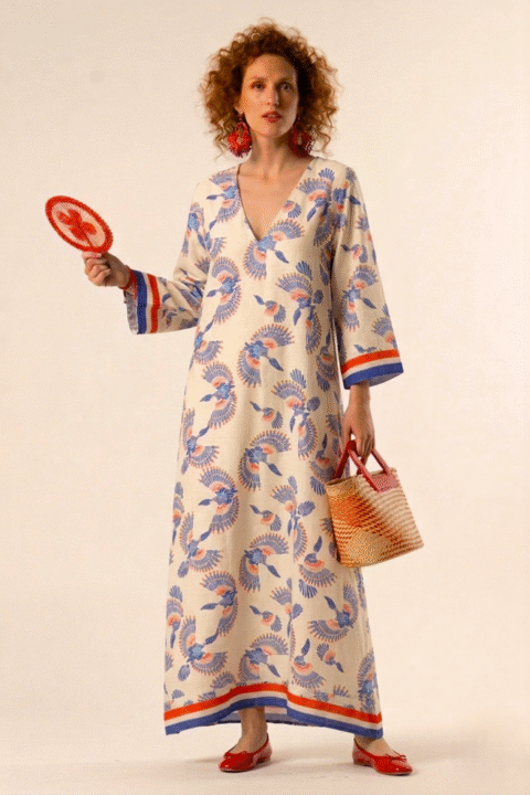 Morocco Caftan Fly Blue Print – Cotton Silk, Free Size