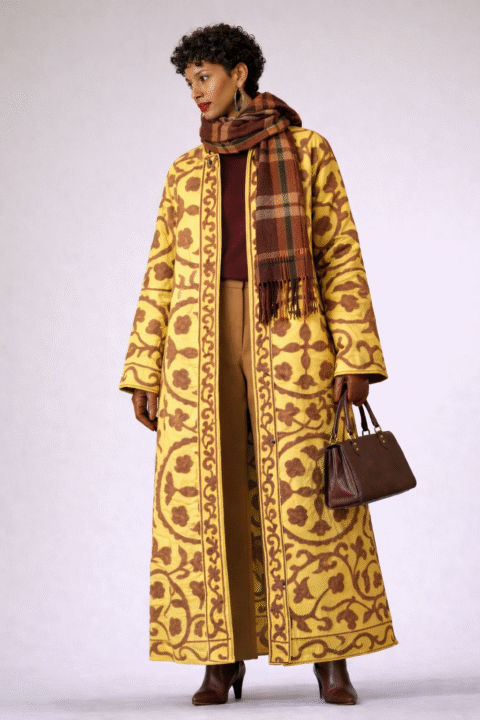 Yellow Suzani Kimono with Brown Embroidery | Long One Size