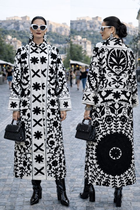 White Suzani Kimono with Black Embroidery | Long One Size