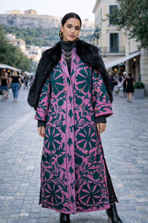 Pink Suzani Kimono with Green Embroidery | Long One Size