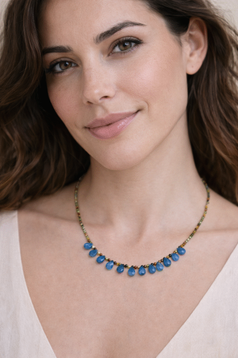 aqua chalcedony drop necklace with semiprecious stones and gold plated brass worn on model close up