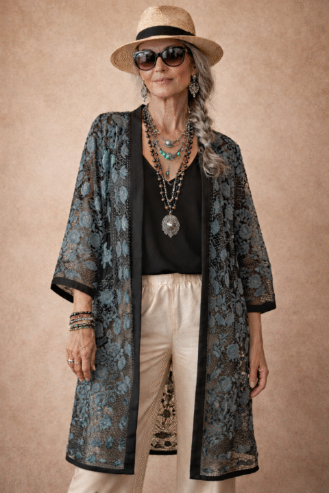 Phulkari Kimono black with long sleeve