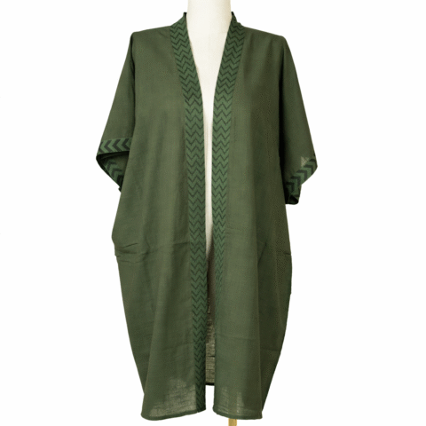 Olive green cotton kimono with block print details front view