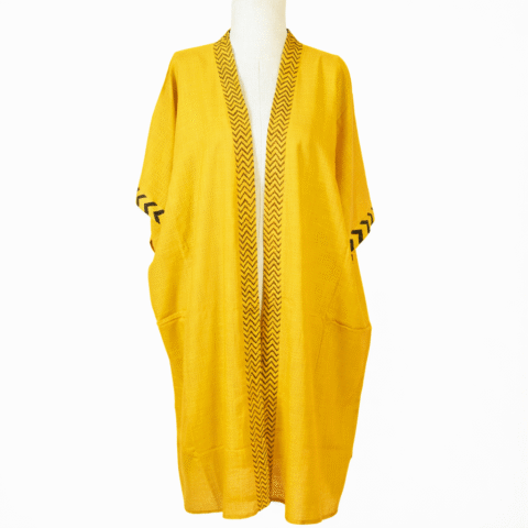 Cotton Kimono with Block Print Details – Yellow | One Size